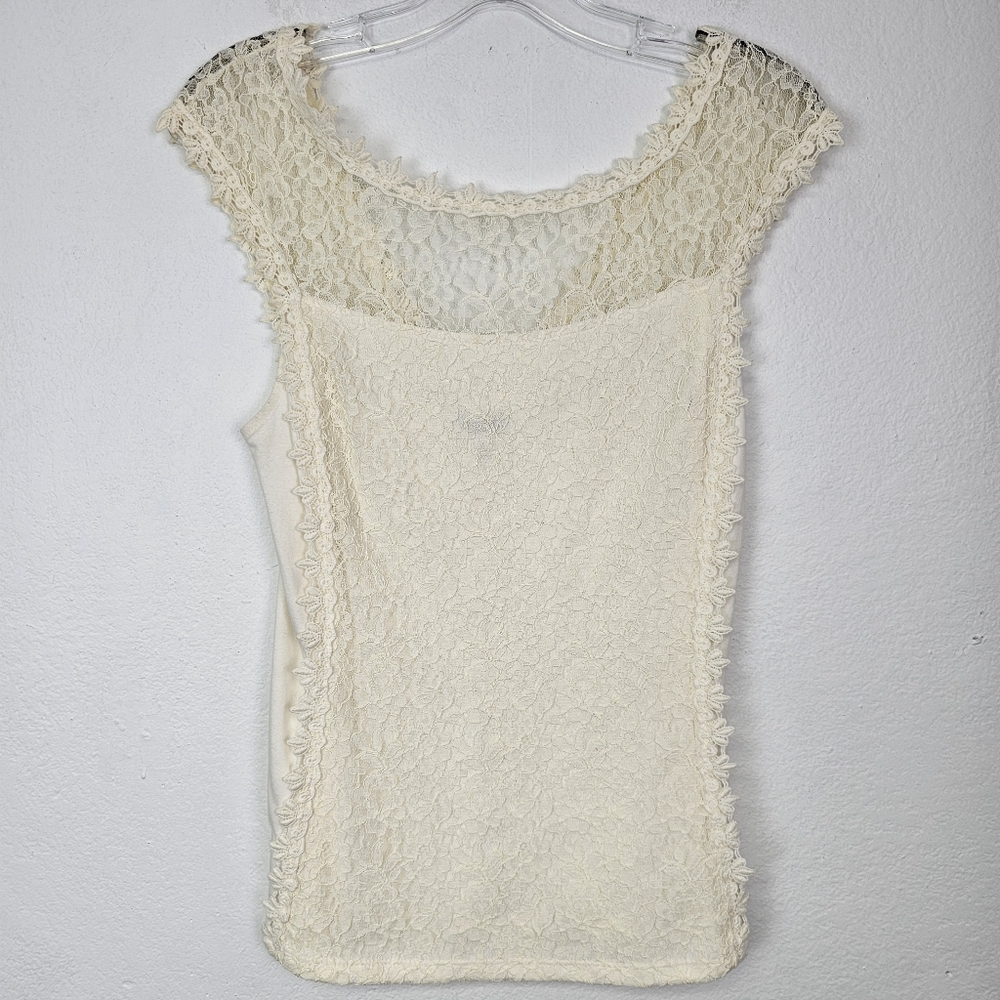 Express Tank Shell Lace Cover Stretch Knit Deep V Back Neck Sz S Fairy Romantic